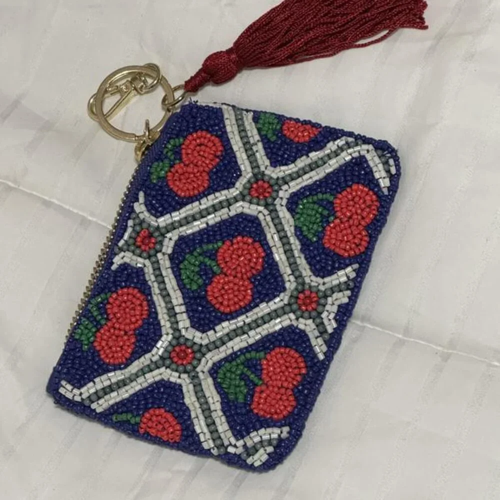 Anthropologie CHERRIES Beaded Coin Purse: Lucky Icons Edition blue red Gift Card